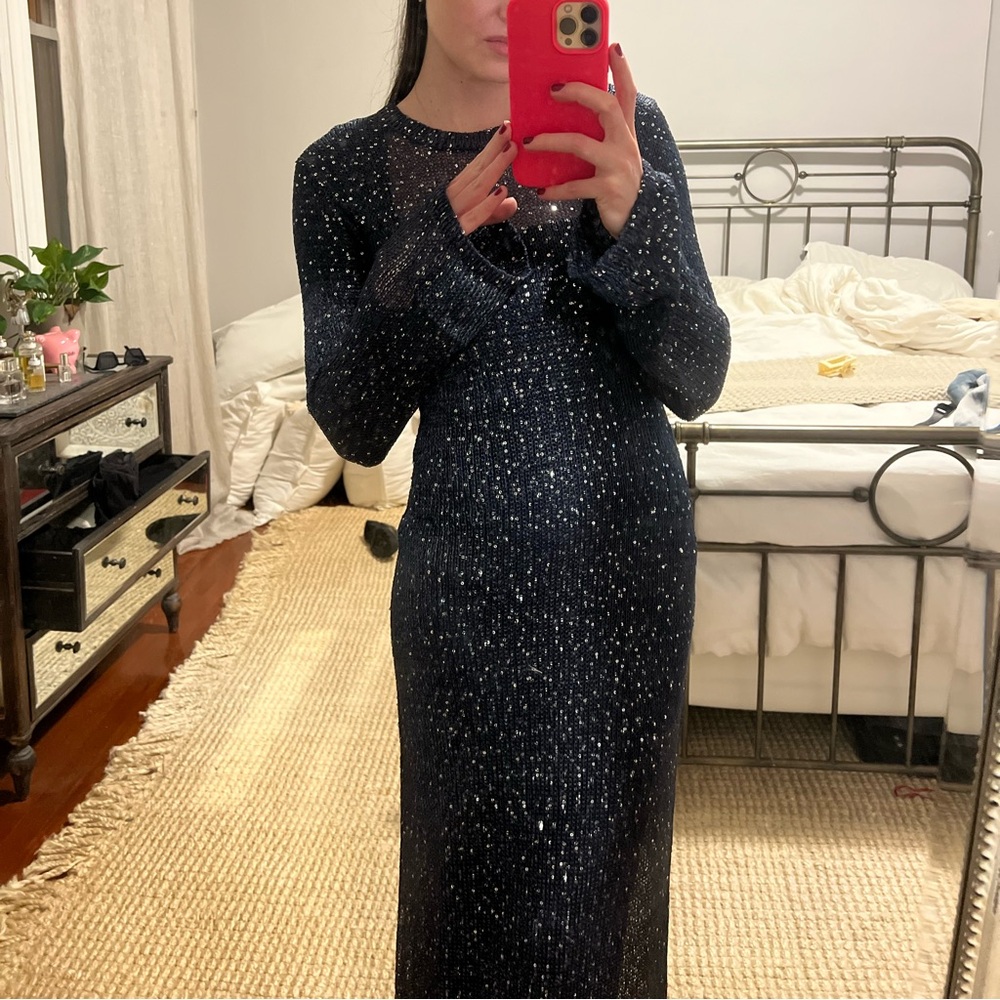 4th & Reckless Sheer Sequin Maxi Dress in Navy Comes with navy blue slip